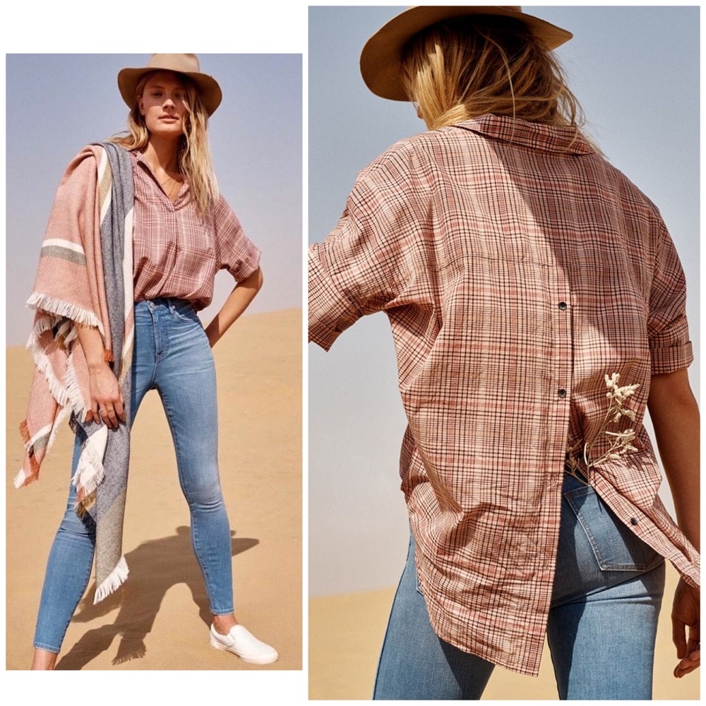 Madewell Courier Button Back Camp Check Blouse L